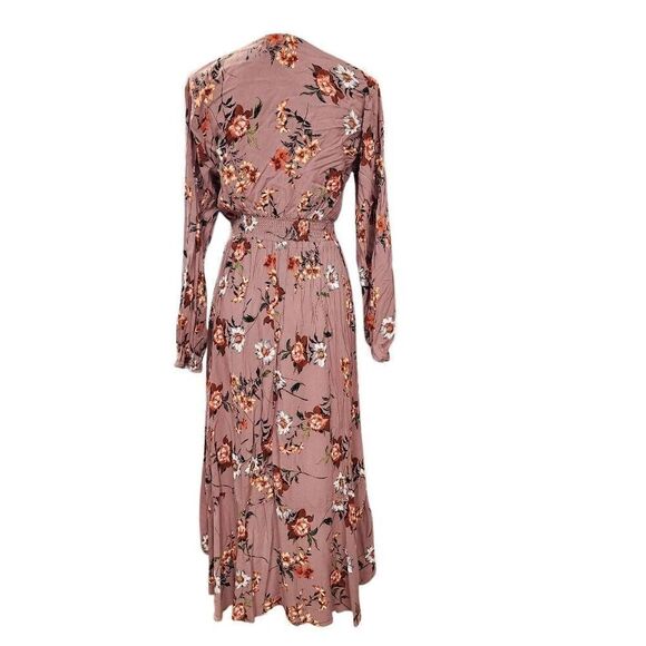 Women's Size XL Blush Pink Floral Print Hi Low Maxi Dress Long-Sleeve Elastic Wa - Picture 2 of 5